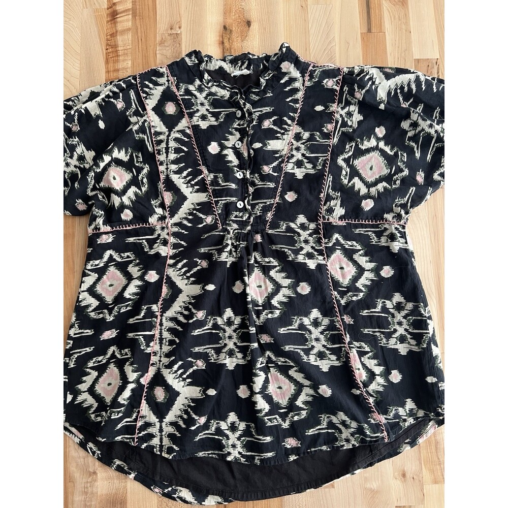 Ivy Jane Short Sleeve Cotton Tunic Top Ruffle Contrast Stitch Boho Ikat Black S